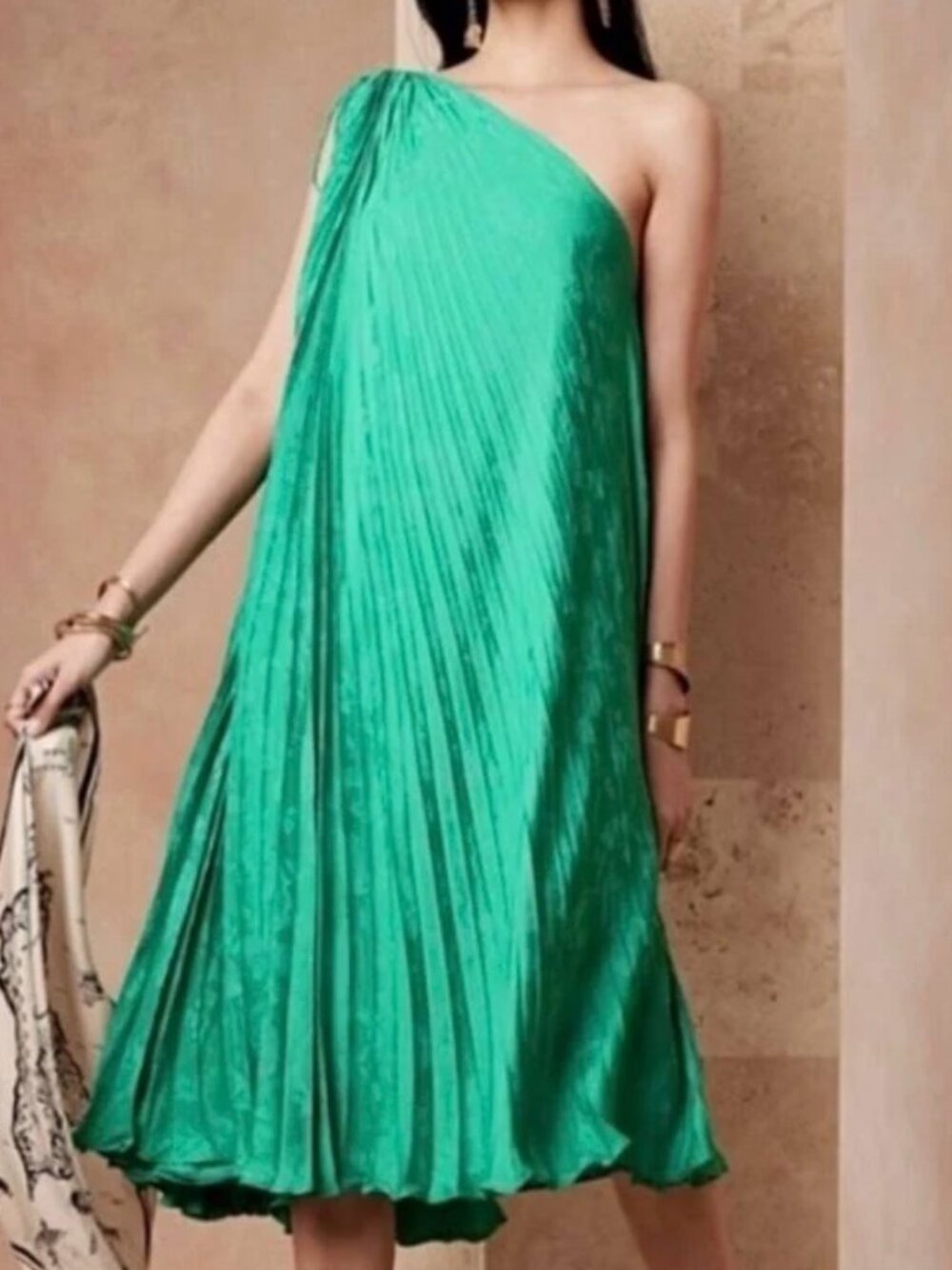 Banana Republic One-Shoulder Pleated Green Dress